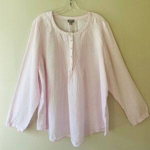 J.Jill Sz XL Love Linen Half Button Pleated Baby Pink Top Crew Neck Tunic Blouse